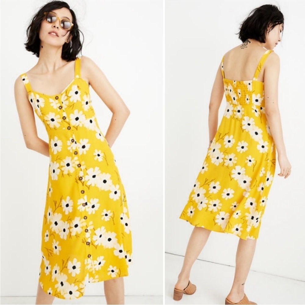 Madewell Button-Front Midi Dress in Ikat Floral Yellow
